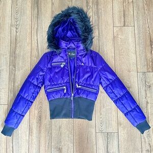 GUESS Purple Cropped Puffer Jacket | Removable Fur Hood